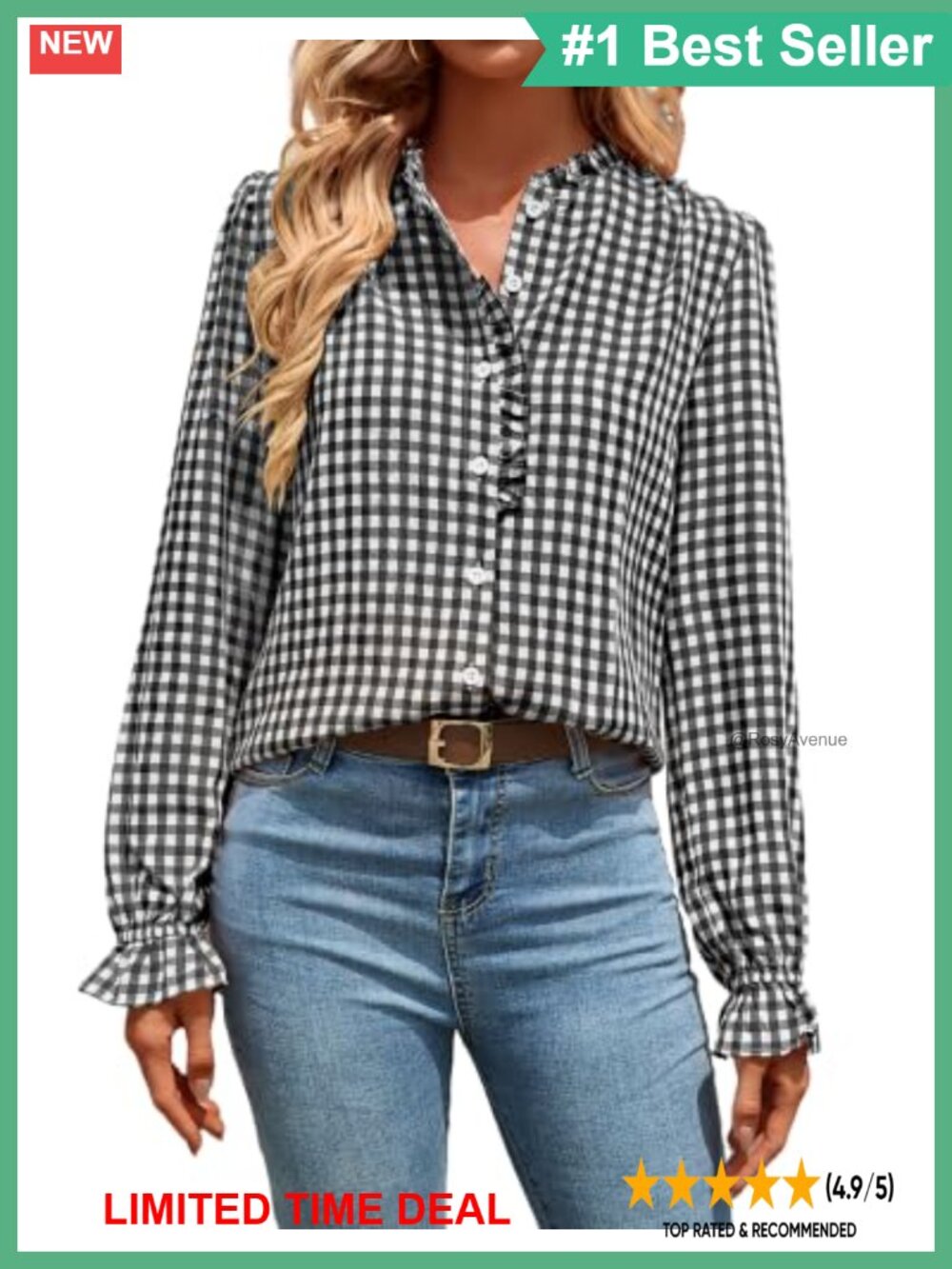 Plaid Ruffle Button Down Blouse Long Sleeve Polyester Rayon